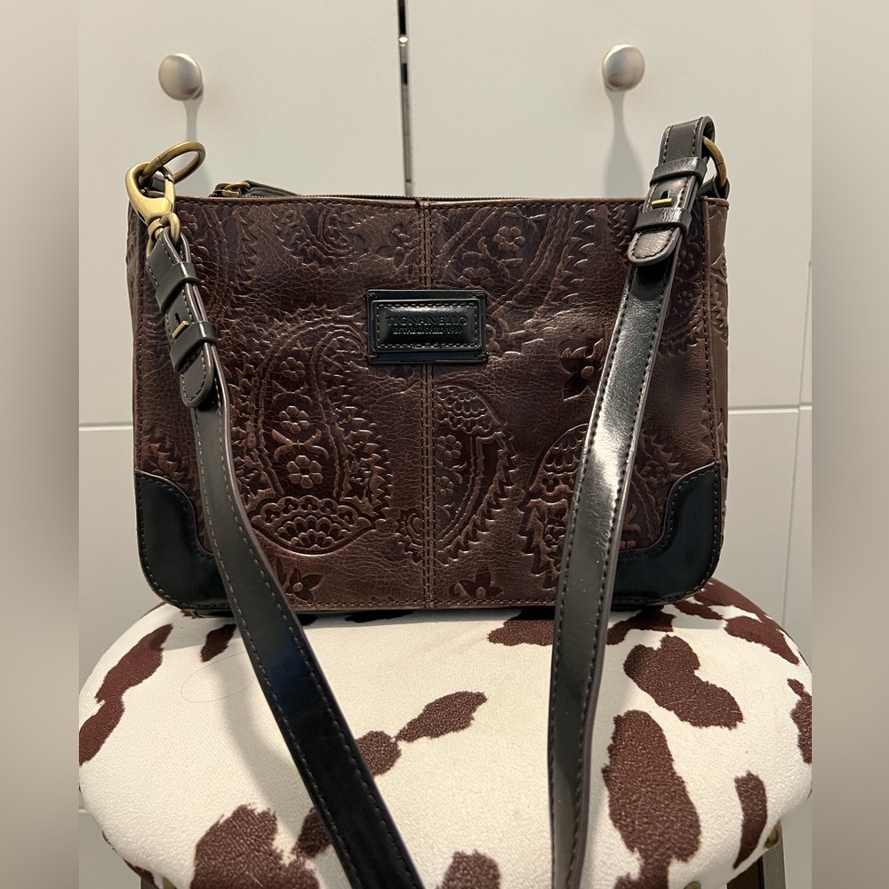 Vintage Paisley Tignanello Brown and Black Embossed Leather Shoulder Bag